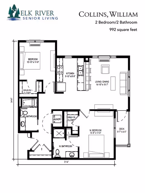 Floor plan of a 2 bedroom, 2 bathroom apartment named Collins, William at Elk River Senior Living, showing layout with dimensions including bedrooms, bathrooms, kitchen, living/dining area, laundry, walk-in closets, and a deck.