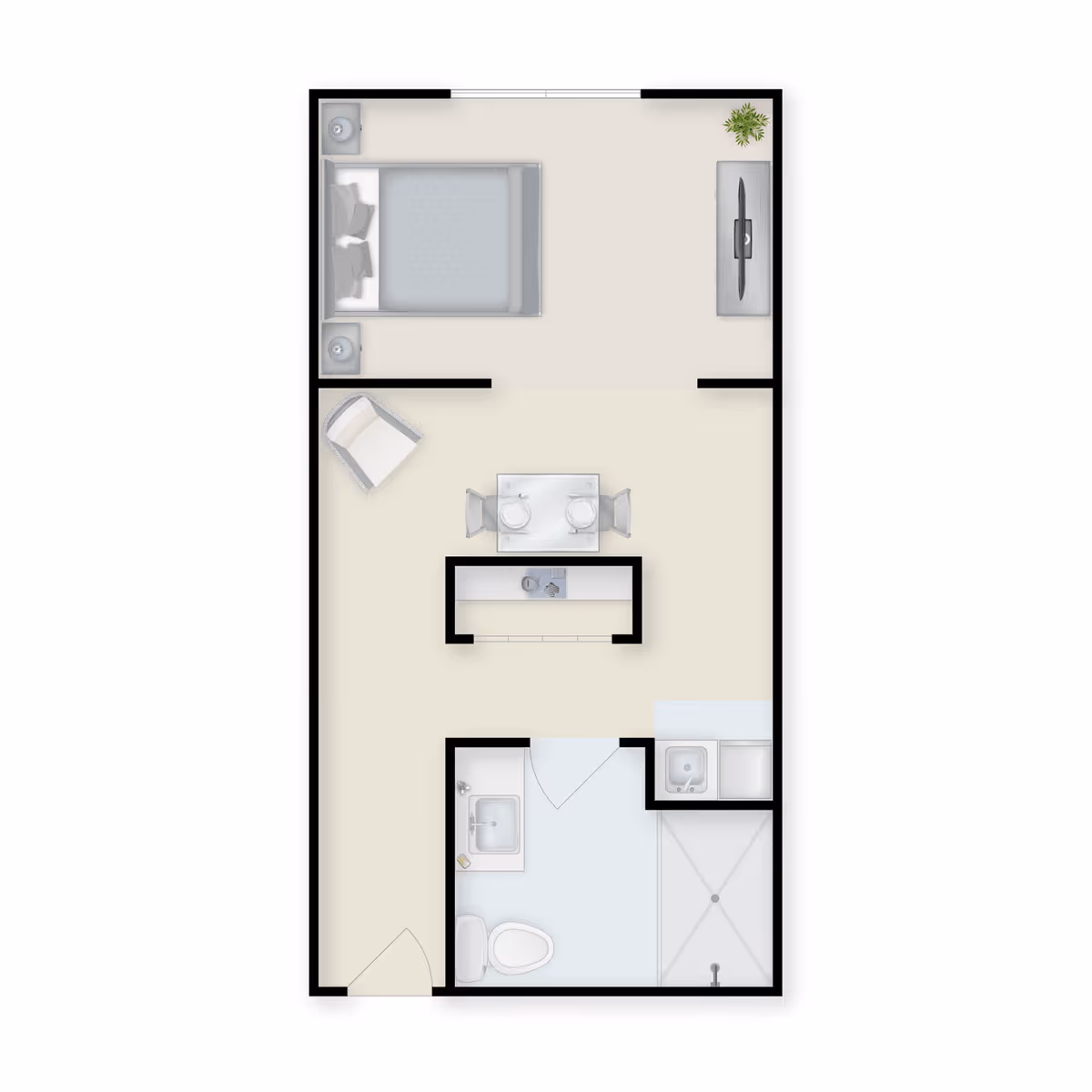Floor plan of a senior living unit at Regency House Buford showing a bedroom with a bed and two nightstands, a living area with a chair and a dining table with two chairs, a kitchen area with a sink and stove, and a bathroom with a toilet, sink, and shower.
