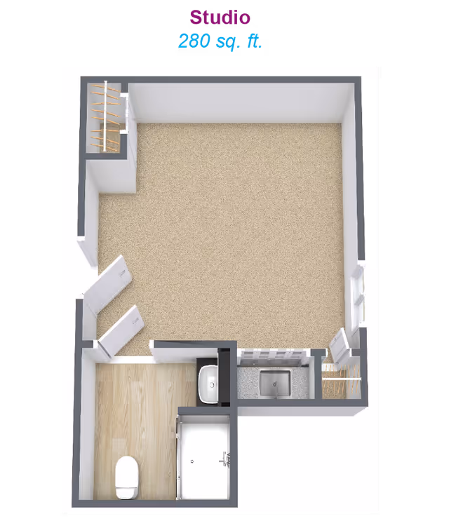 3D floor plan of a studio apartment measuring 280 square feet. The layout includes a main living area with carpet flooring, a small kitchen area with a sink and countertop, and a bathroom with a toilet, sink, and shower. There are two closets, one near the entrance and one near the kitchen.
