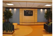 Interior view of a common area in a senior living facility featuring a wall-mounted television centered on a wooden panel. The room has two potted plants on either side of the TV, a small round yellow stool, and a black armchair. The floor has a combination of wood and carpet, and the ceiling has recessed lighting.
