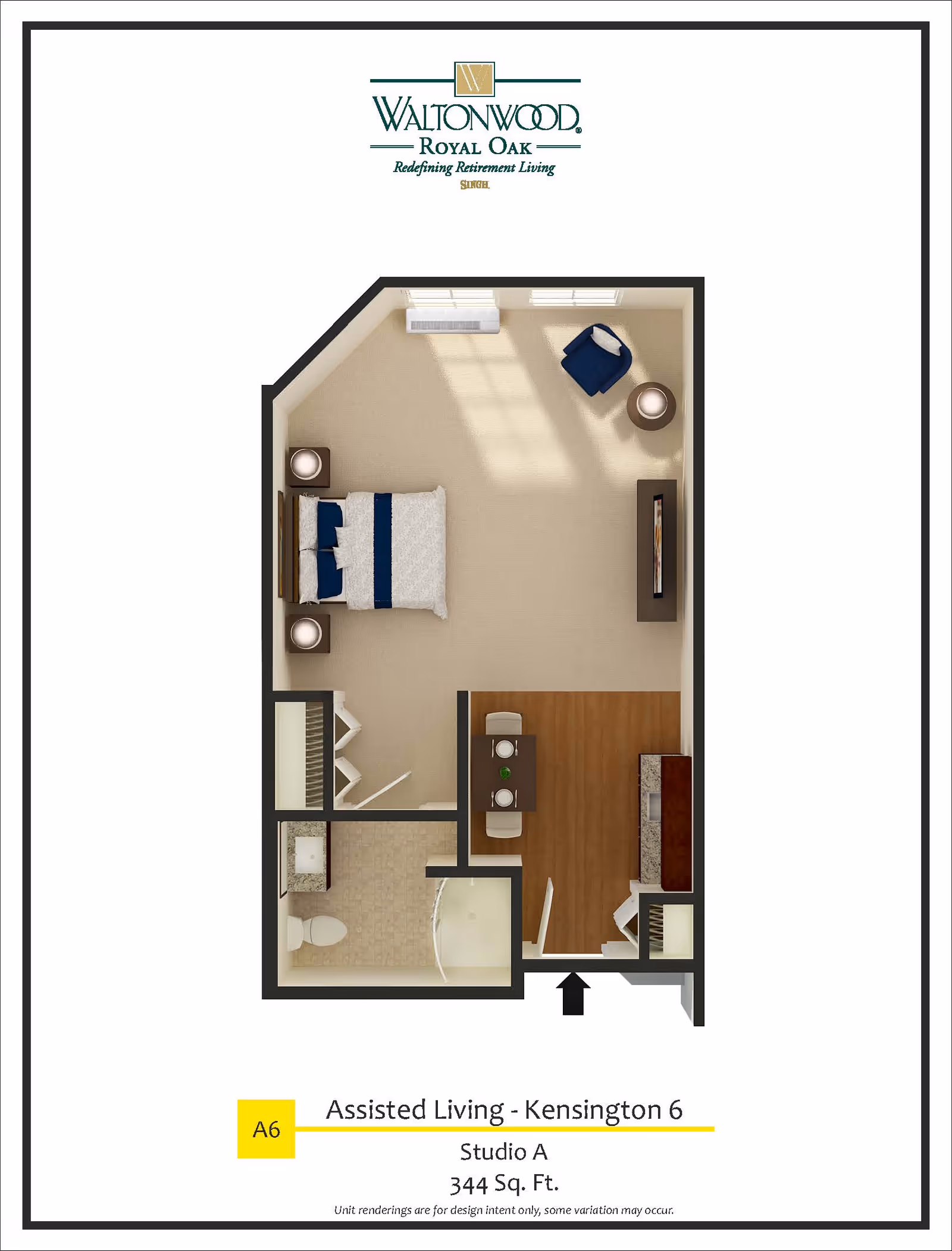 Top-down floor plan rendering of a 344 sq ft assisted living studio showing a bed area, living/dining area, kitchenette and bathroom.