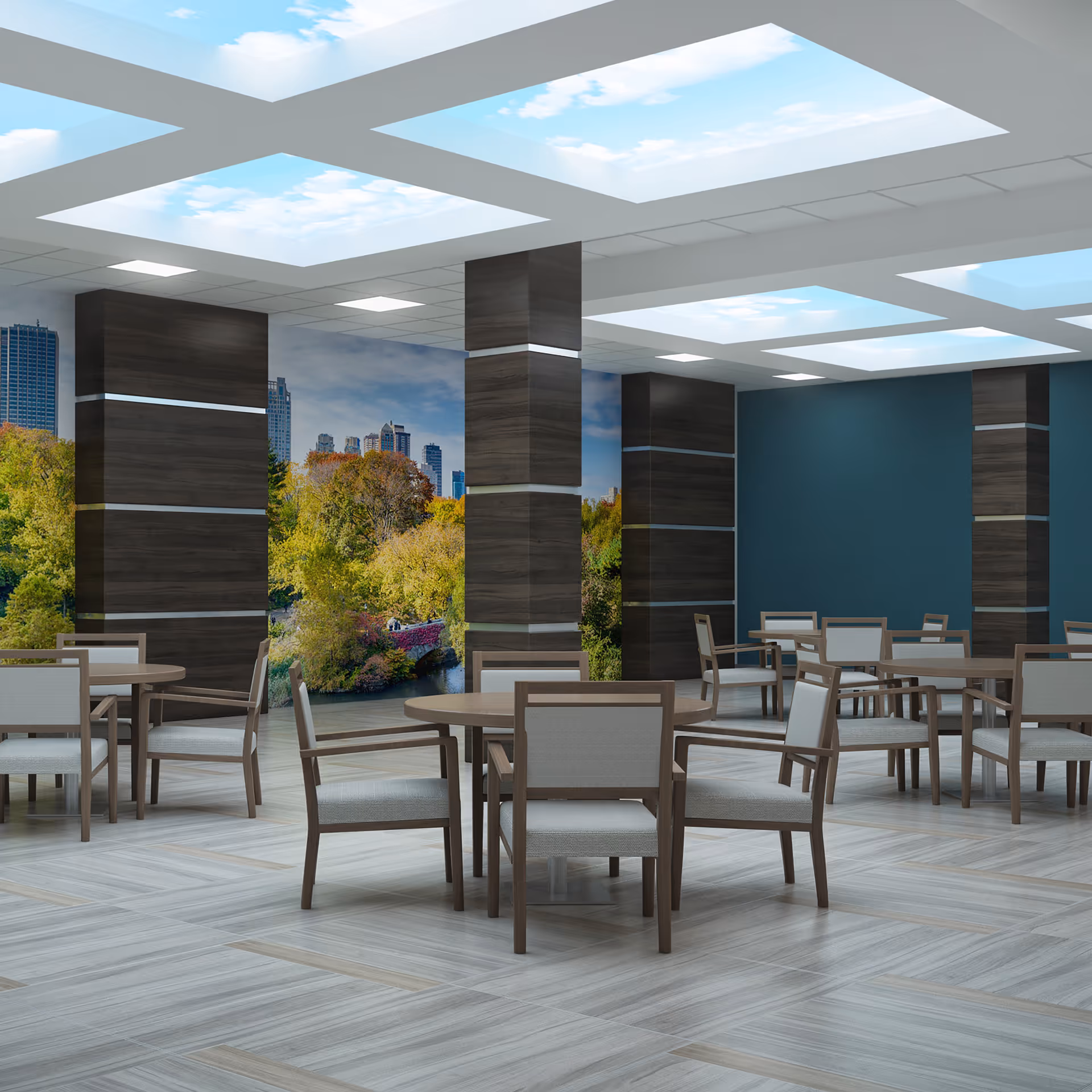 A spacious dining area with multiple round wooden tables and cushioned chairs arranged neatly. The room features large dark wood pillars and a ceiling with panels that display a sky with clouds. One wall has a large mural showing a city skyline and trees with autumn foliage.