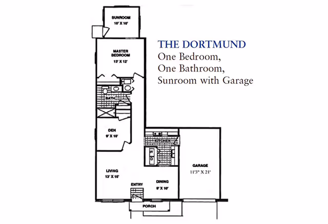 Floor plan layout titled THE DORTMUND showing one bedroom, one bathroom, sunroom, den, living room, kitchen, dining area, entry, porch, and garage with dimensions for each room.