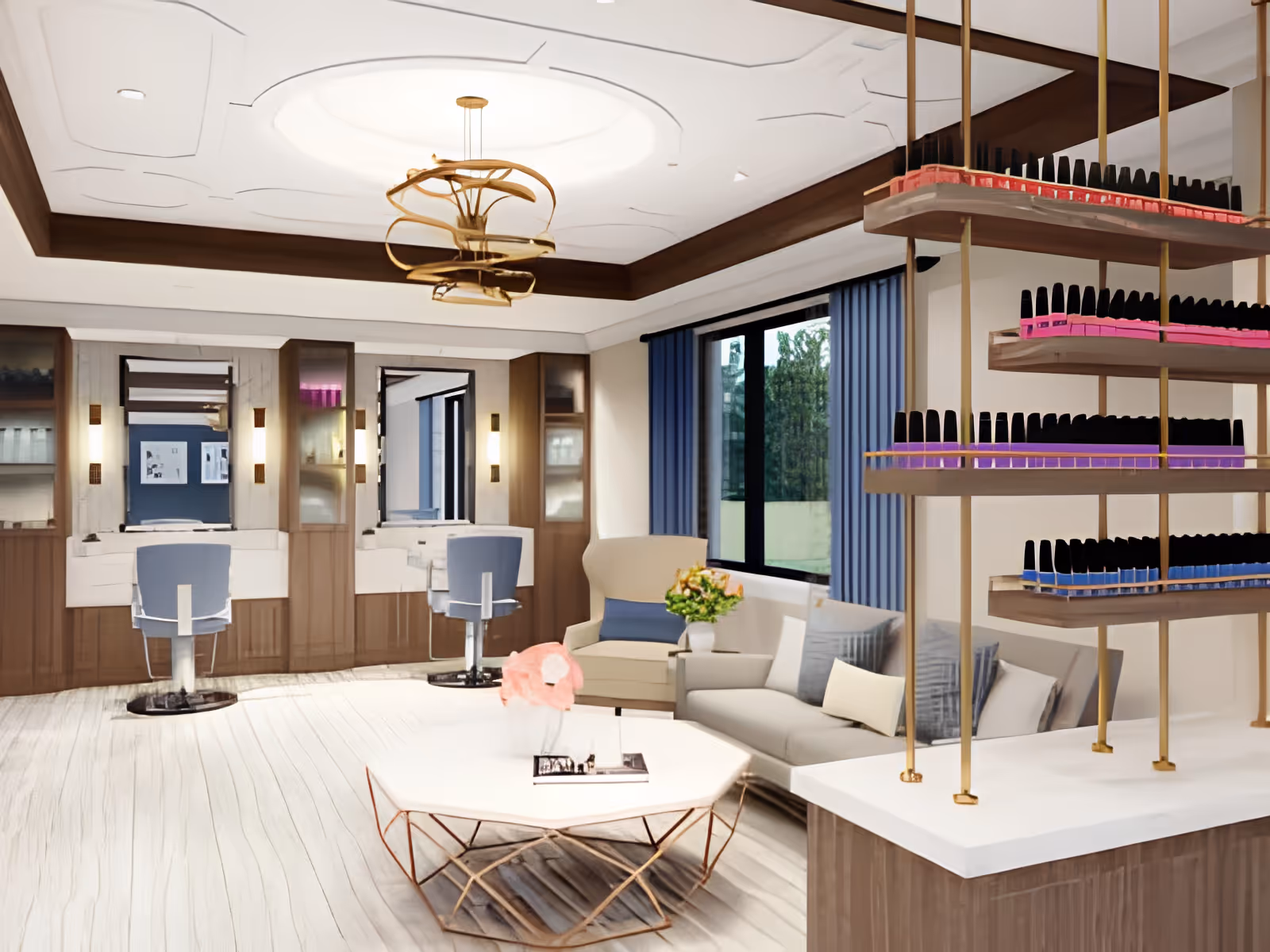 A bright and modern salon area with two styling chairs in front of mirrors on the left side, a comfortable seating area with a sofa and armchair near a window with blue curtains, and a white coffee table with a flower vase in the center. On the right, there is a display rack holding multiple rows of nail polish bottles in various colors. The ceiling features a decorative light fixture and recessed lighting.
