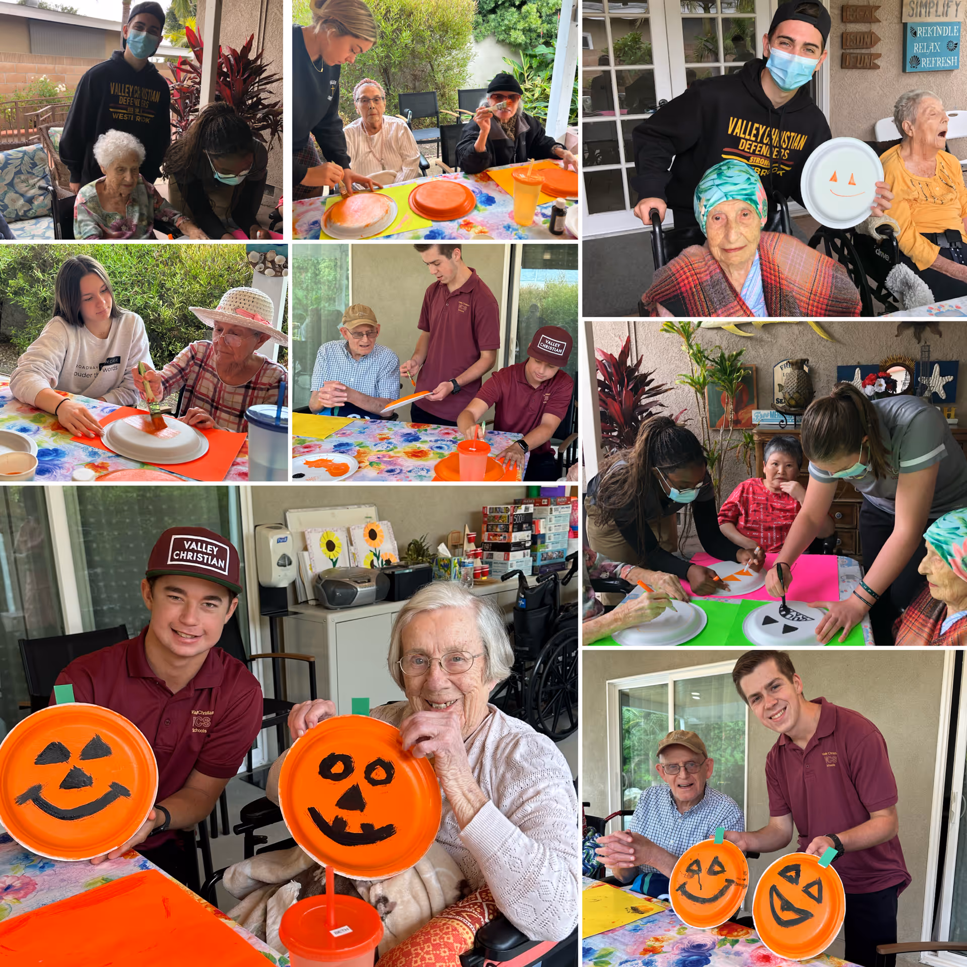 A collage of images showing elderly residents and young volunteers at Bella Gardens Senior Wellness Home engaging in a pumpkin-themed craft activity outdoors. The participants are painting orange paper plates with jack-o'-lantern faces, smiling, and interacting with each other. Some volunteers and residents wear masks, and the setting includes tables covered with colorful tablecloths and greenery in the background.