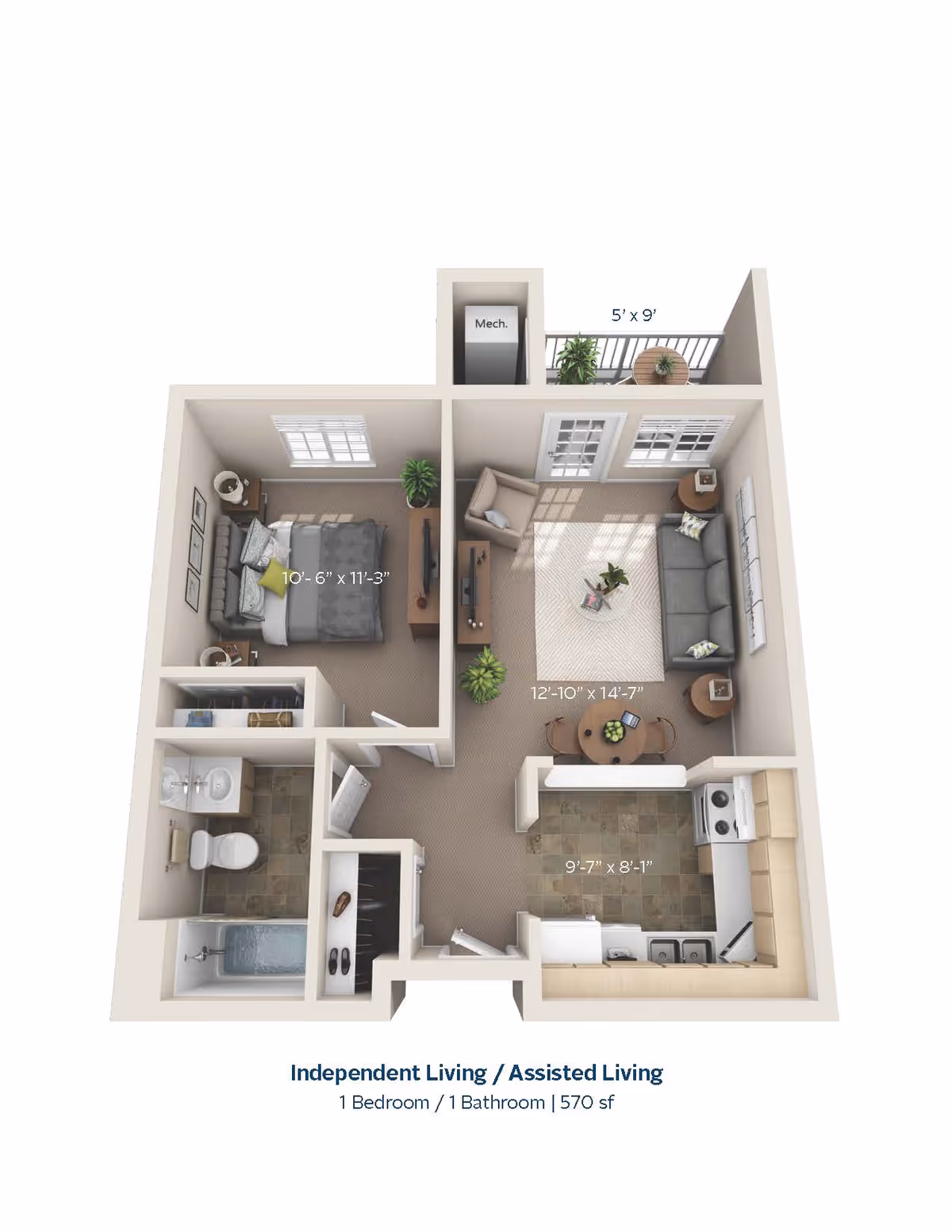 3D floor plan of a one-bedroom, one-bathroom independent living or assisted living apartment at Grand Woods Senior Apartments, showing a bedroom, bathroom, kitchen, living room, and a small balcony. Dimensions of each room are labeled.