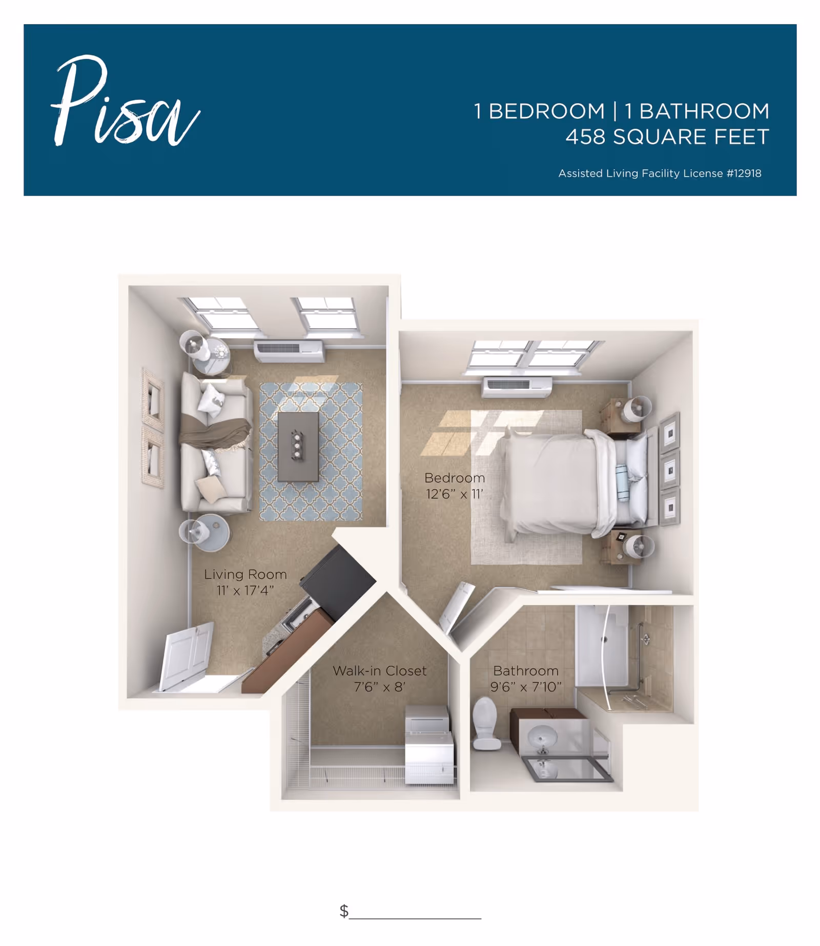 A floor plan of the Pisa layout featuring a living room, bedroom, walk-in closet, and bathroom, with dimensions labeled for each room.