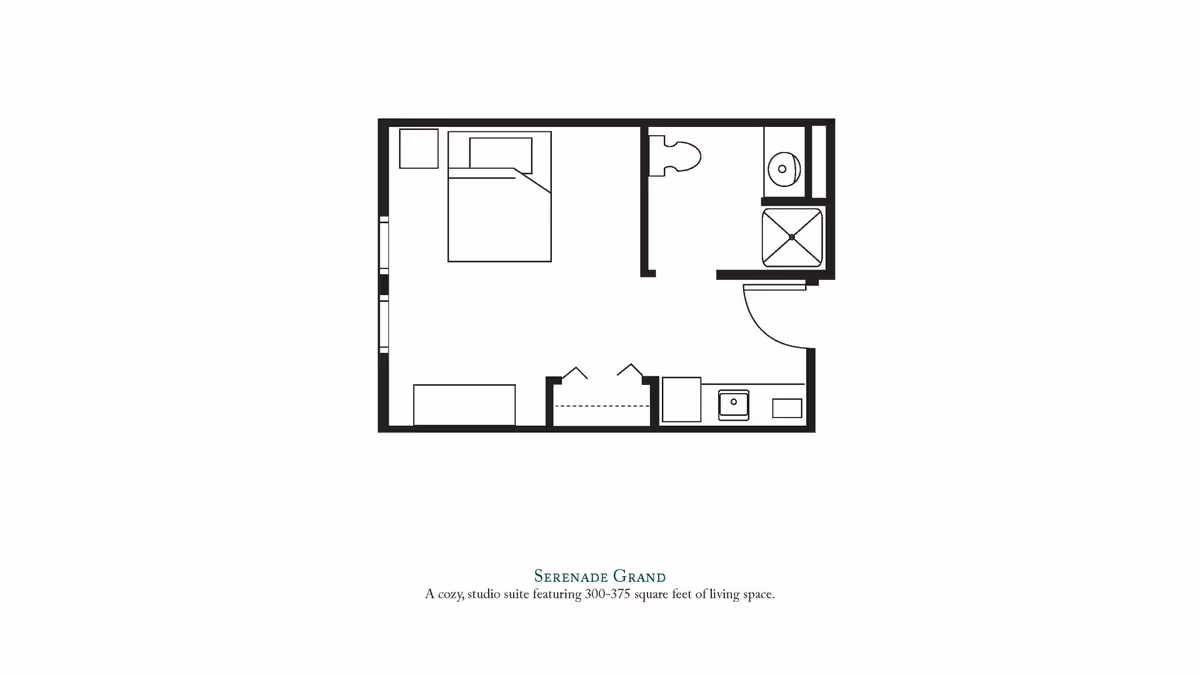Floor plan of the Serenade Grand studio suite at Brandywine Haddonfield by Monarch, showing a layout with a combined living and sleeping area, a bathroom with a shower, and a kitchenette. The suite features 300-375 square feet of living space.