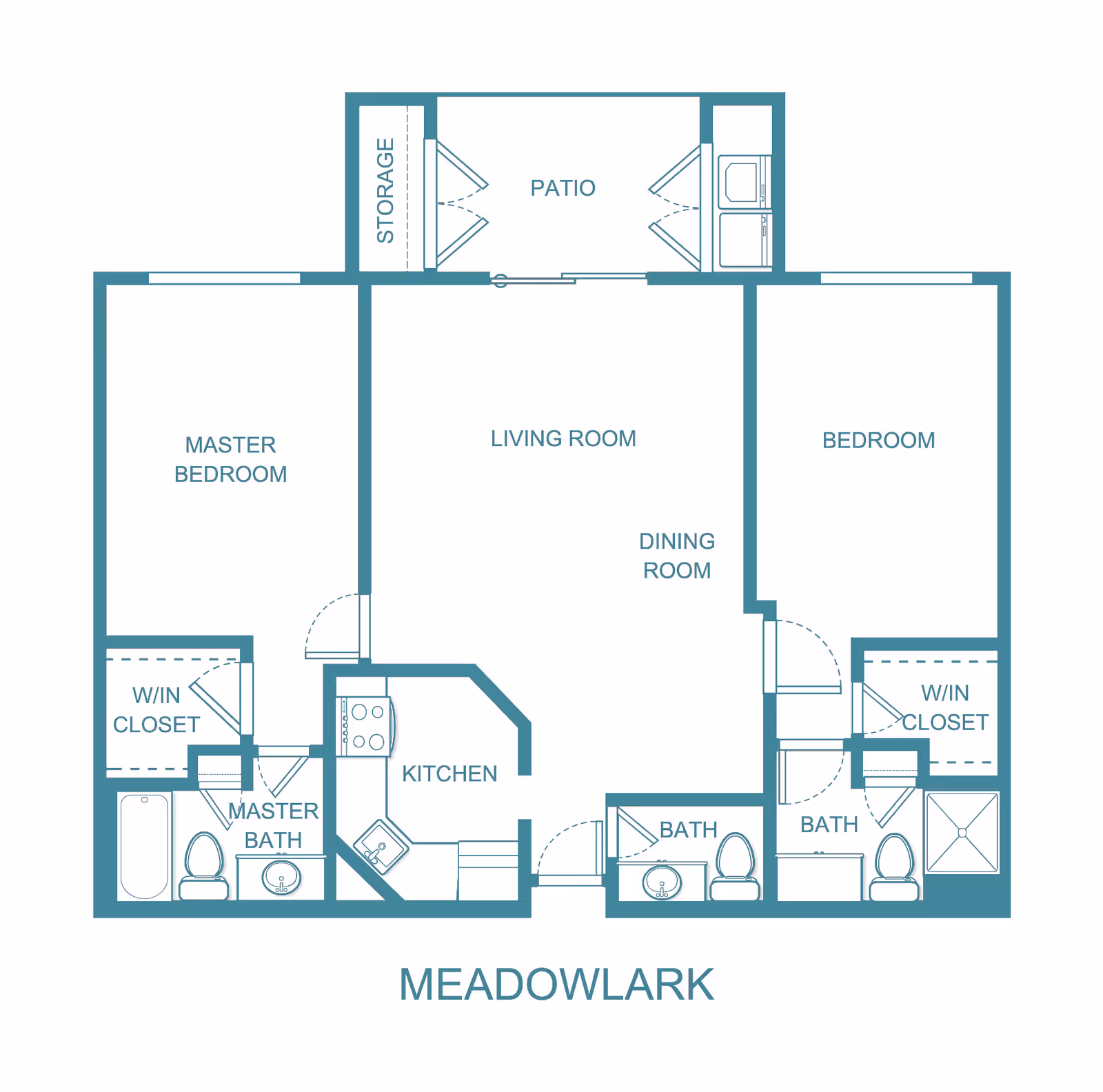 Floor plan of a residential unit named Meadowlark at Discovery Village Vero Beach, showing two bedrooms including a master bedroom with walk-in closet and master bath, a second bedroom with walk-in closet and adjacent bath, a kitchen, a combined living room and dining room area, a patio with storage, and an additional bath.