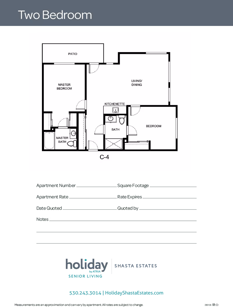 Black-and-white two-bedroom apartment floor plan labeled 'Two Bedroom' and 'C-4' showing master bedroom with bath, second bedroom, kitchenette, living/dining area, and a patio, with Holiday Shasta Estates branding.
