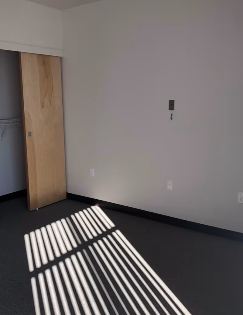Empty room with gray carpet and white walls, sunlight casting striped shadows on the floor from a window. A wooden sliding closet door is partially open, revealing a closet with a wire shelf inside.