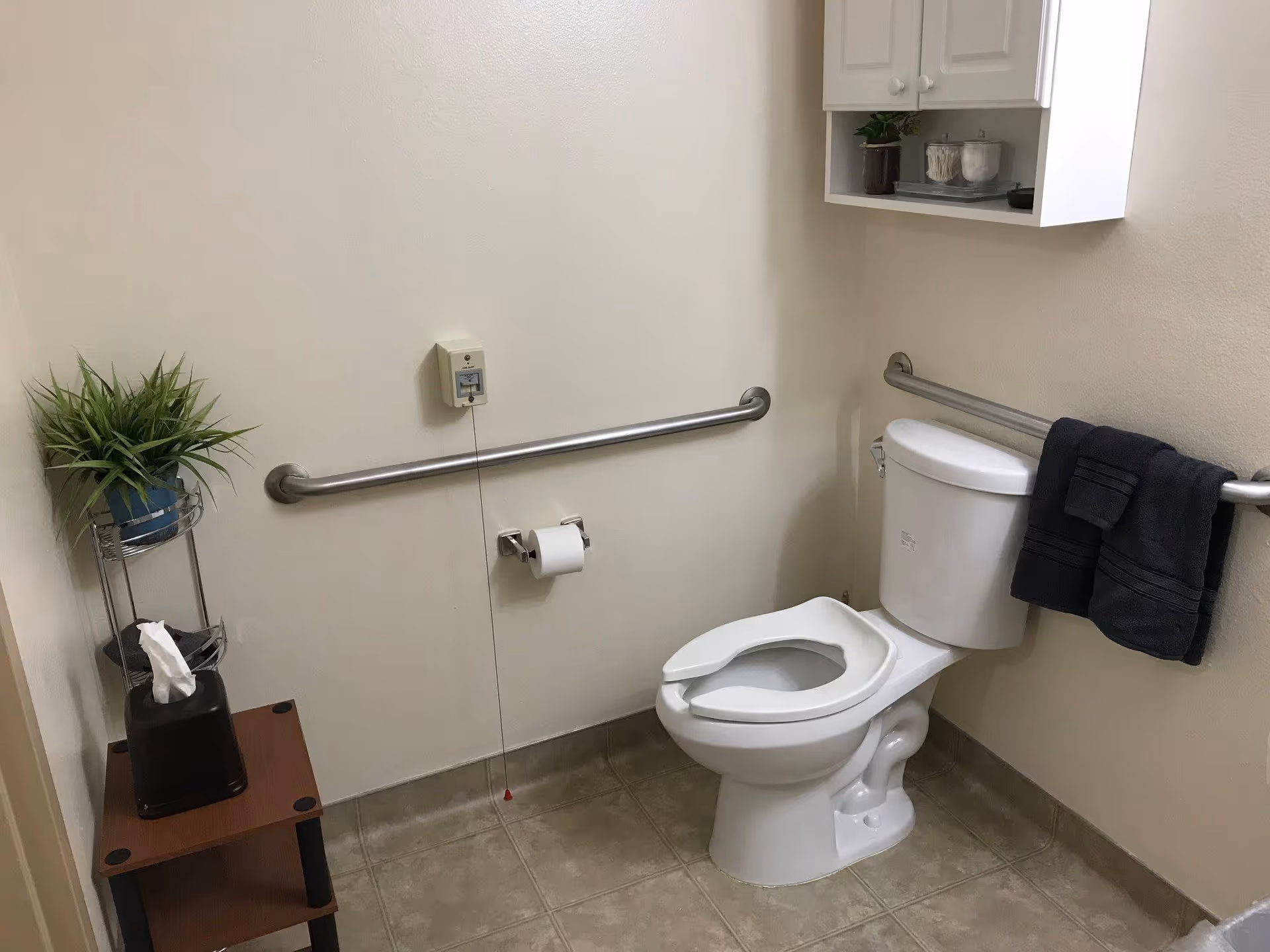 A clean and accessible bathroom with a white toilet equipped with grab bars on both sides. A black towel hangs on the right grab bar. Above the toilet is a white wall-mounted cabinet with decorative items. To the left of the toilet is a small wooden table with a tissue box and a metal stand holding a potted green plant. The floor is tiled and the walls are light-colored.