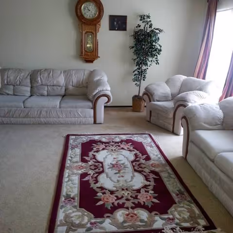Cozy living room with beige couches, a rug, clock, and potted plant.