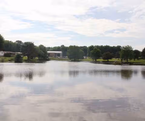 A tranquil pond with reflections of trees and a distant building on a grassy campus.