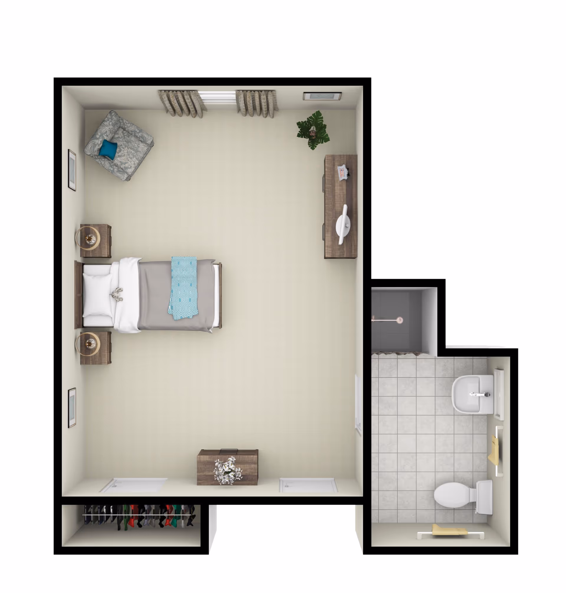 Top-down floor plan of a studio apartment showing a bed, nightstands, seating area, dresser, closet, and an adjacent bathroom.