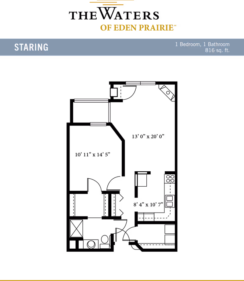 Floor plan layout for a 1 bedroom, 1 bathroom apartment named Staring at The Waters of Eden Prairie, covering 816 square feet.