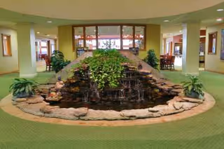 Indoor water feature with cascading water surrounded by rocks and plants, located in the center of a spacious room with green carpet and multiple doorways leading to other areas.