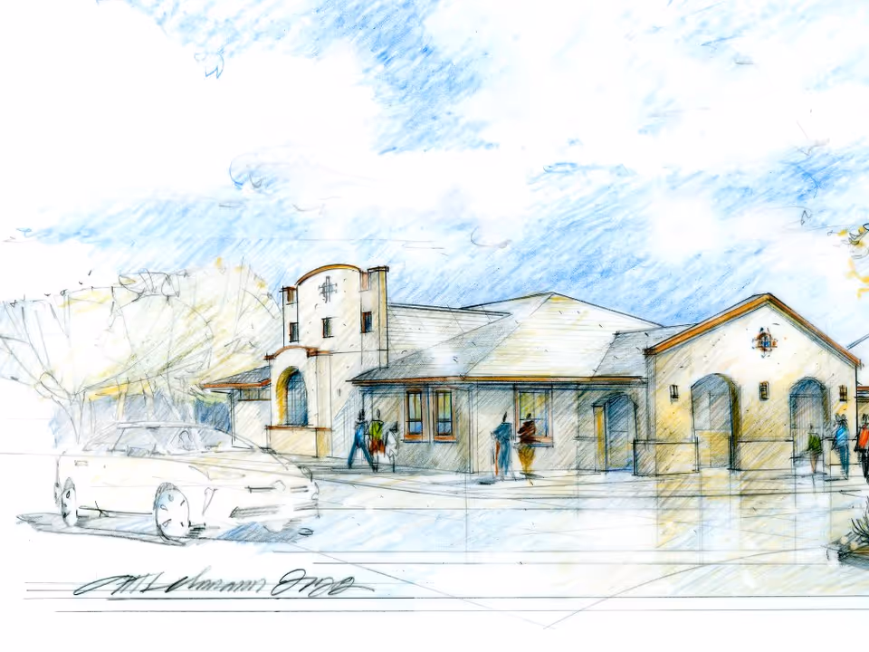 Architectural sketch of a single-story building with a pitched roof and arched entryways, showing several people walking near the entrance and a car parked in front under a partly cloudy sky.
