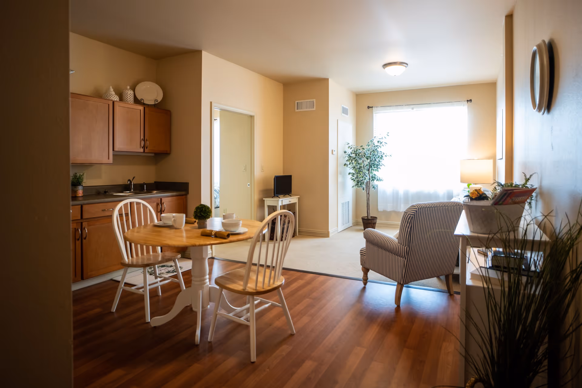 A cozy interior of a senior living facility showing a small dining area with a round wooden table and two chairs, a kitchenette with wooden cabinets and a sink, and a living area with a striped armchair, a small TV on a stand, a potted plant, and a window with sheer curtains letting in natural light.