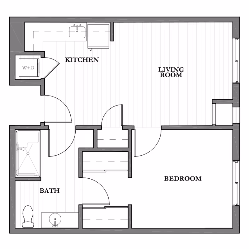 Architectural floor plan of an assisted living unit at Westview at Ellisville Assisted Living, showing a kitchen, living room, bedroom, and bathroom layout with labeled rooms and fixtures.