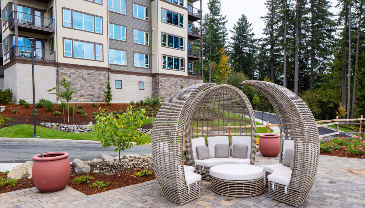 Outdoor seating area with modern wicker furniture including a round table and curved chairs with cushions, set on a paved patio near a multi-story building with large windows. Surrounding the area are landscaped plants, small trees, and tall pine trees in the background.