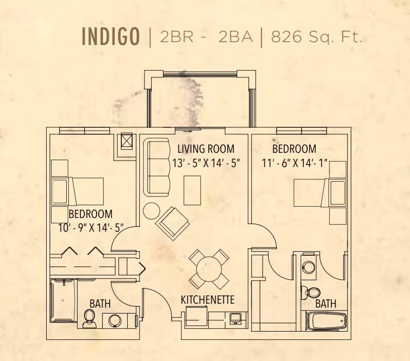Floor plan labeled INDIGO showing a 2 bedroom, 2 bathroom apartment with 826 square feet. The layout includes a living room, kitchenette, two bedrooms, and two bathrooms.