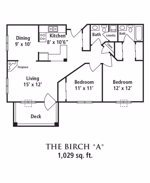 Architectural floor plan of The Birch 'A' apartment layout showing a living room with fireplace and deck, dining area, kitchen, two bedrooms, two bathrooms, laundry, and linen closet, covering 1,029 square feet.