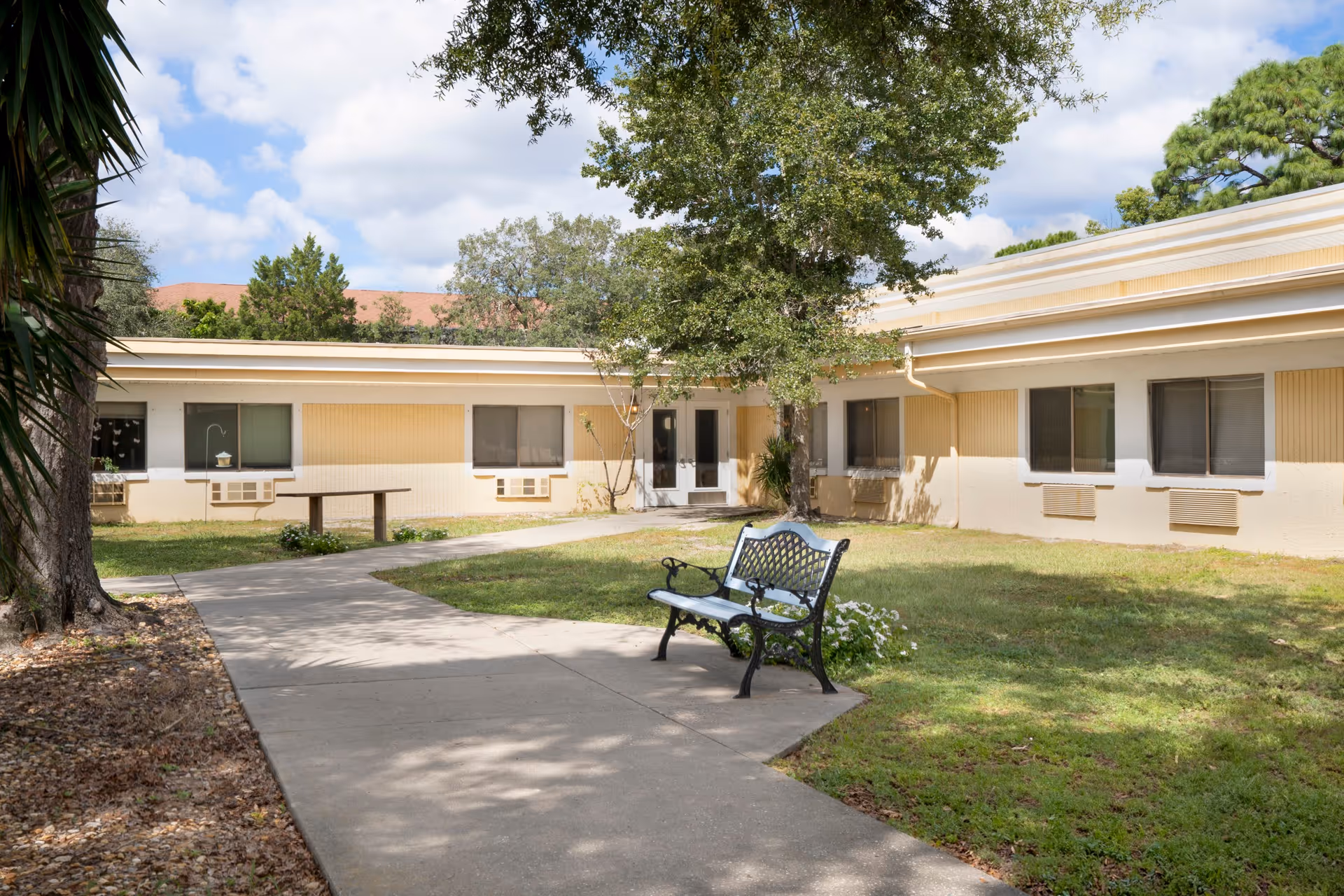 Outdoor courtyard area of Peninsula Health Center featuring a paved walkway, a black metal bench, green grass, a large tree, and a single-story building with multiple windows under a partly cloudy sky.