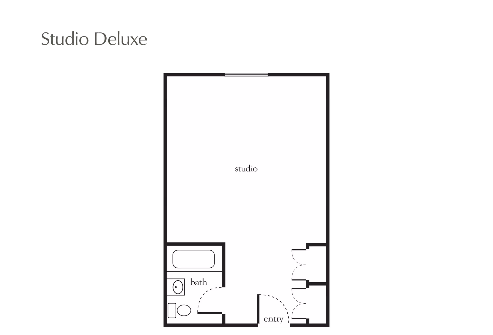 Black-and-white floor plan titled "Studio Deluxe" showing a studio room with an entry and a bath.