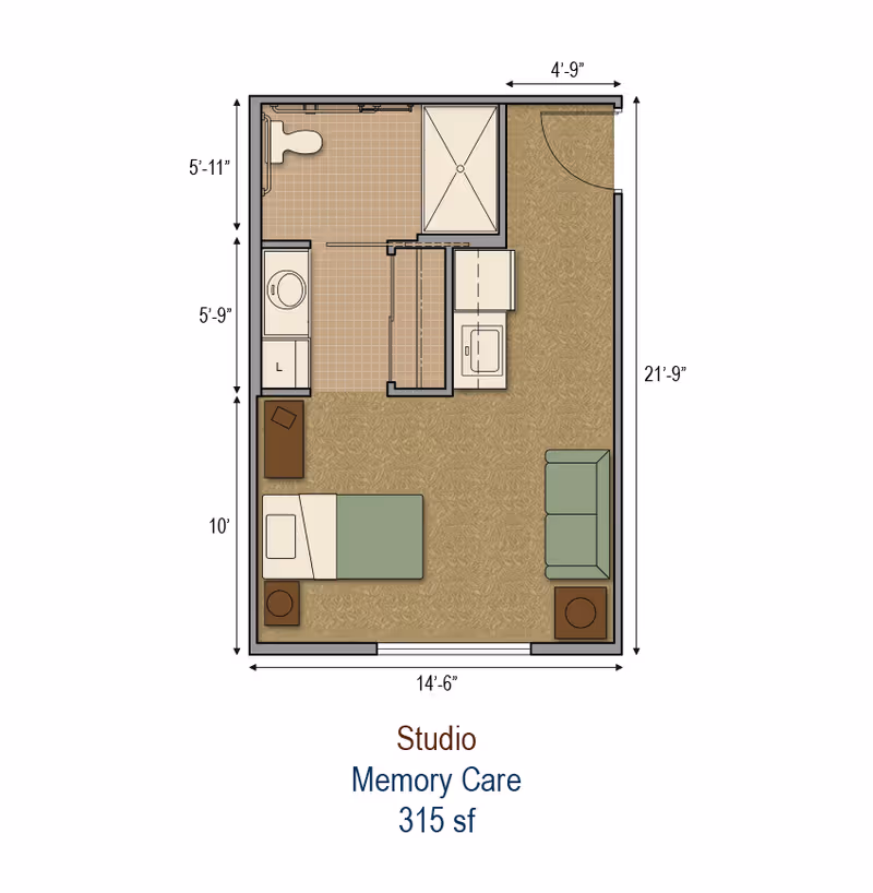 Top-down floor plan of a 315 sq ft studio memory care apartment showing a bed, bathroom with shower, kitchenette, seating area, and room dimensions.
