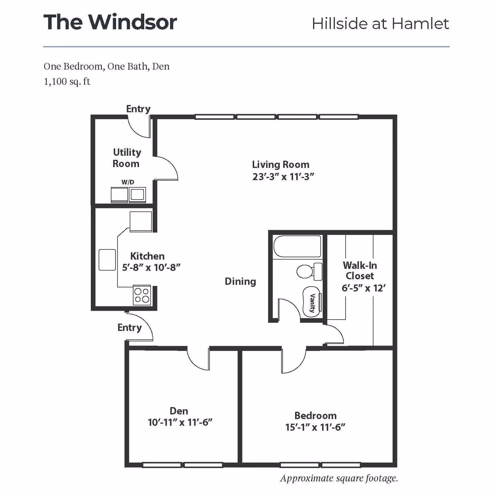 Floor plan of The Windsor at Hillside at Hamlet, showing one bedroom, one bath, den, kitchen, utility room, living room, dining area, and walk-in closet with approximate dimensions.