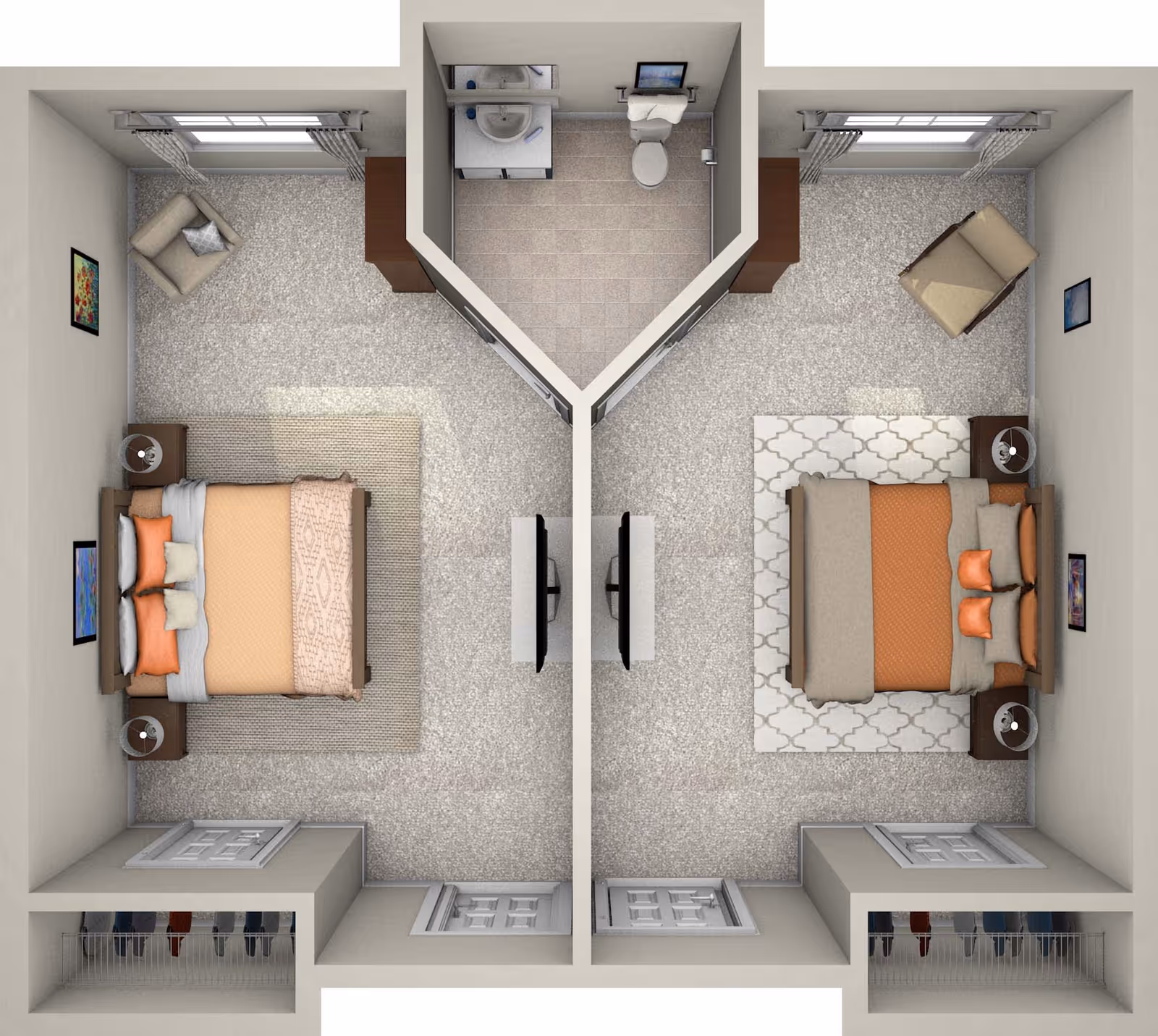 Top-down view of a shared bedroom layout in an assisted living community, featuring two separate sleeping areas each with a bed, nightstands, chairs, and windows. The rooms share a central bathroom with a sink and toilet, and each bedroom has a closet space.