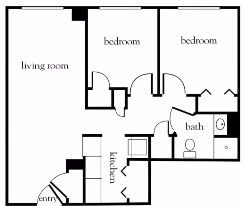 Floor plan of an apartment at Vitality Living St. Matthews showing an entry area, a kitchen, a living room, two bedrooms, and a bathroom.