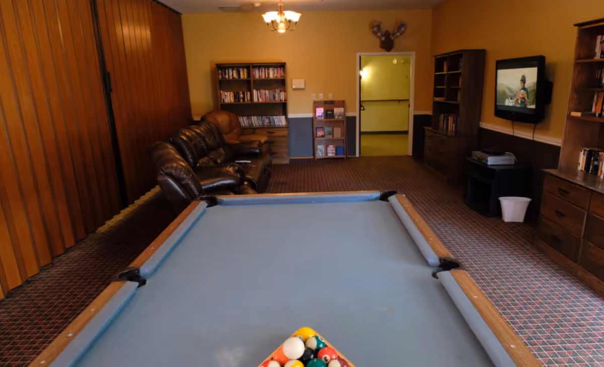A recreational room with a pool table in the foreground, a leather couch and armchair along the left wall, bookshelves filled with books, a mounted TV on the right wall, and a doorway leading to a hallway. The room has warm yellow walls and patterned carpet flooring.