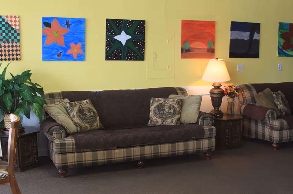 A cozy sitting area with two plaid sofas and patterned pillows, a side table with a lamp and flowers, a potted plant, and colorful paintings on a yellow wall.