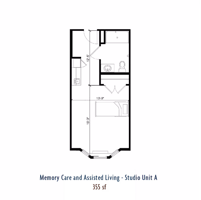 Architectural floor plan of a studio unit labeled Memory Care and Assisted Living - Studio Unit A, showing a layout with a combined living and sleeping area, a kitchenette, and a bathroom. The unit measures 355 square feet.