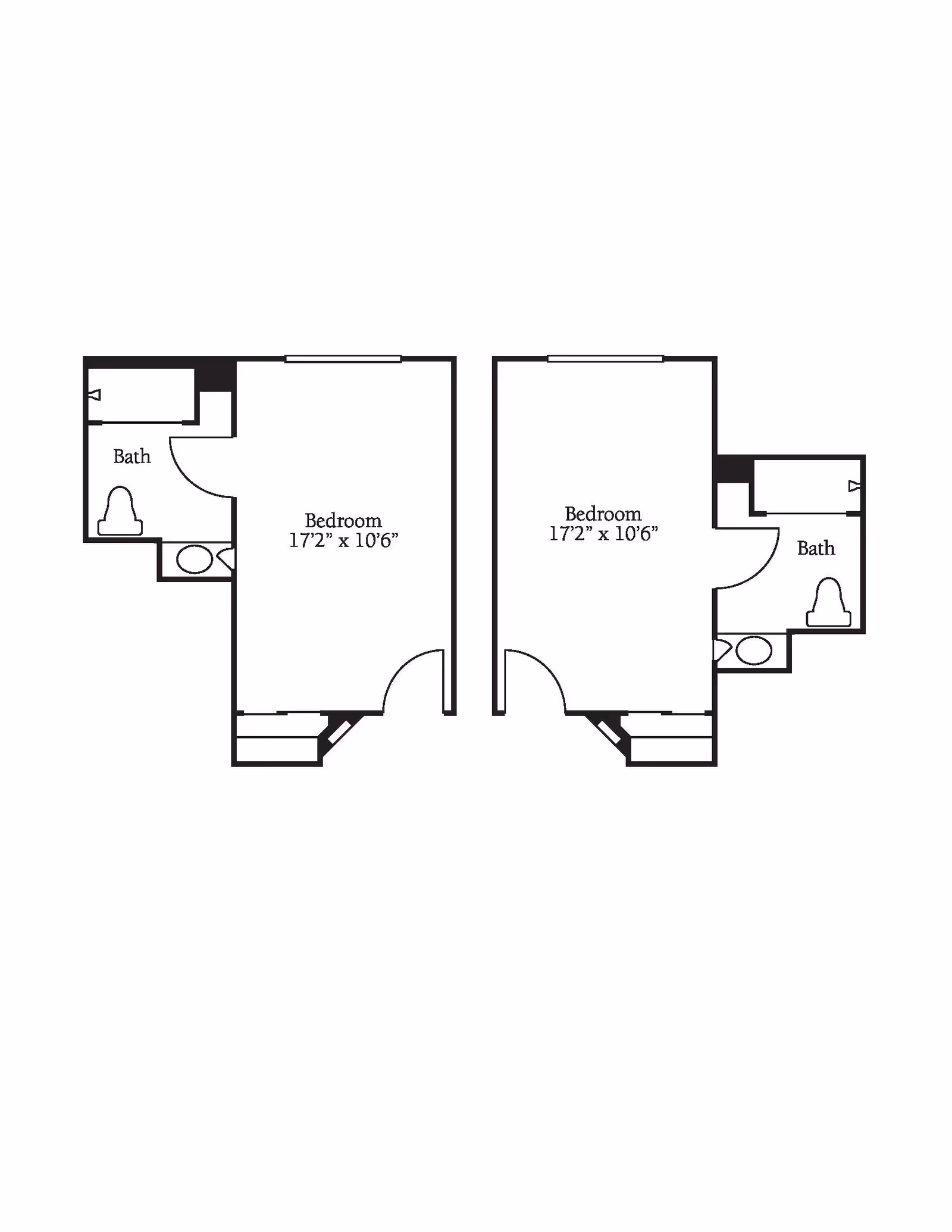 Floor plan showing two adjacent units, each with a bedroom measuring 17 feet 2 inches by 10 feet 6 inches and a bathroom. The layout of the bedrooms and bathrooms is mirrored between the two units.
