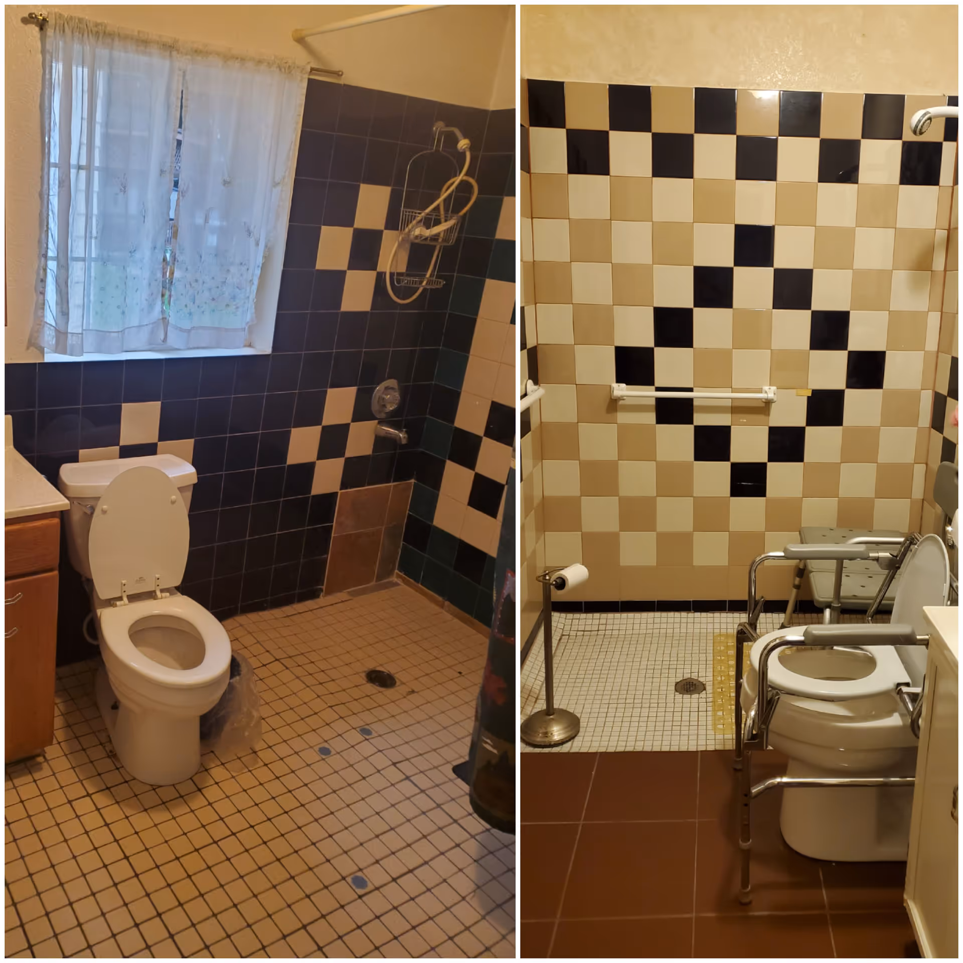 Two side-by-side images of bathrooms. The left bathroom features a toilet with the lid open, a window with sheer curtains, and a shower area with dark blue and beige checkered tiles. The right bathroom shows a toilet with a raised seat and armrests, a shower area with beige and black checkered tiles, a grab bar on the wall, and a toilet paper holder on a stand.