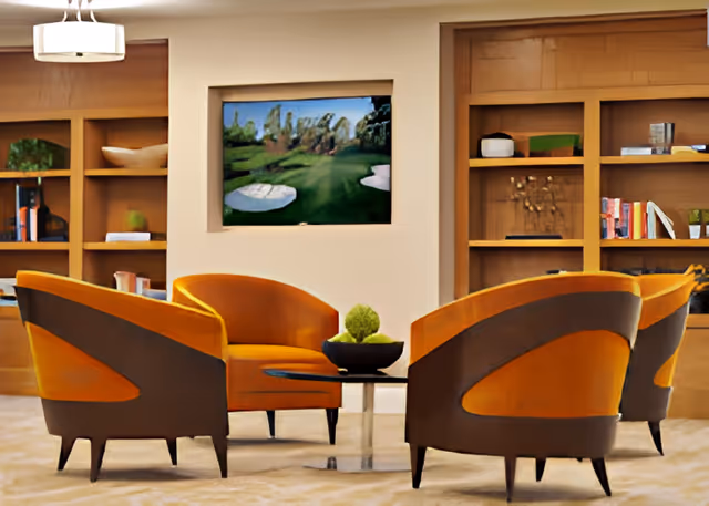 A cozy seating area with four modern orange and brown armchairs arranged around a small round black table with a decorative green plant centerpiece. Behind the seating area is a wall with built-in wooden shelves holding books and decorative items, and a framed picture of a golf course hanging in the center.