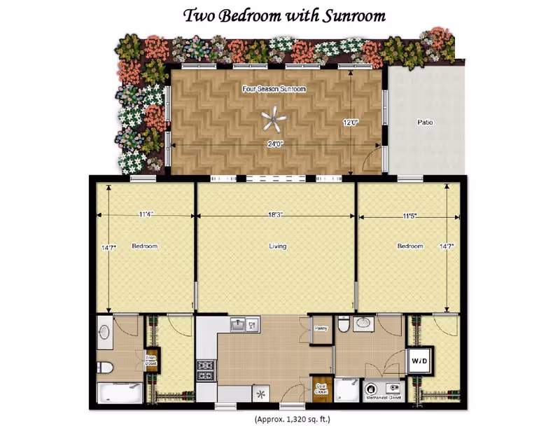 Floor plan of a two-bedroom apartment with a sunroom, showing dimensions and labeled rooms including two bedrooms, living room, kitchen, pantry, bathrooms, closets, mechanical closet, washer/dryer area, and a patio with surrounding garden.