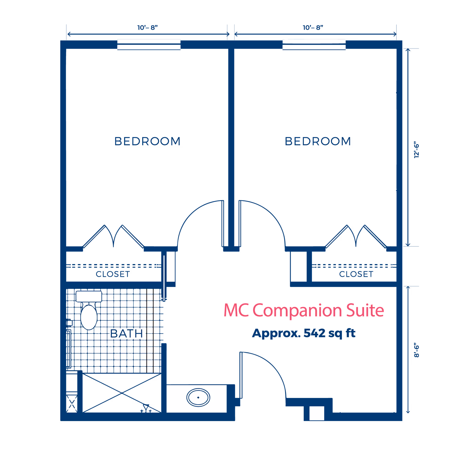 Blueprint floor plan labeled "MC Companion Suite" showing two bedrooms, closets, a bathroom, and an entry, approximately 542 sq ft.