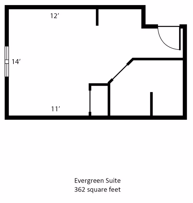 Floor plan layout of the Evergreen Suite at The Waterford at Colby, showing room dimensions and total area of 362 square feet.