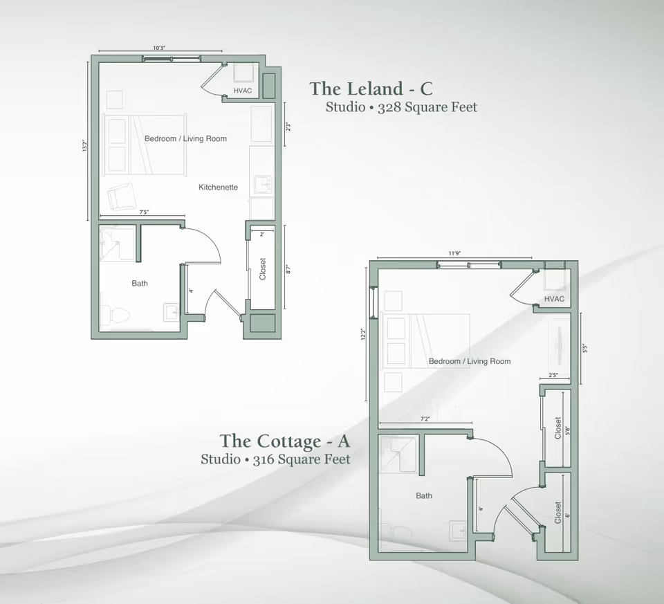 Floor plans for two studio apartments at Legacy House of Spanish Fork. The Leland - C is 328 square feet with a bedroom/living room, kitchenette, bath, closet, and HVAC. The Cottage - A is 316 square feet with a bedroom/living room, bath, two closets, and HVAC.