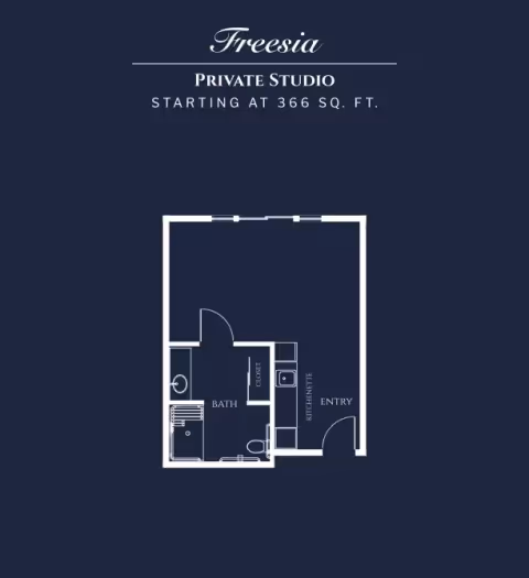 Blue floor plan titled "Freesia Private Studio" showing a studio layout with an entry, kitchenette, closet, and bathroom.
