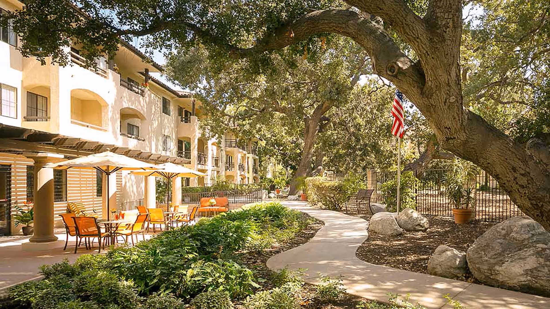 Sunlit outdoor courtyard with a winding walkway, seating areas with umbrellas, large shade trees and the building facade.
