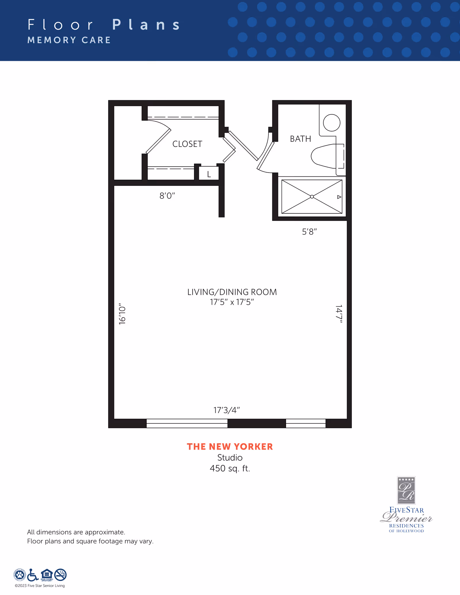 Floor plan titled 'The New Yorker' studio apartment with 450 square feet, featuring a living/dining room measuring 17 feet 5 inches by 17 feet 5 inches, a closet, and a bathroom with a shower, toilet, and sink. The layout includes dimensions for each area and is labeled as a memory care unit.