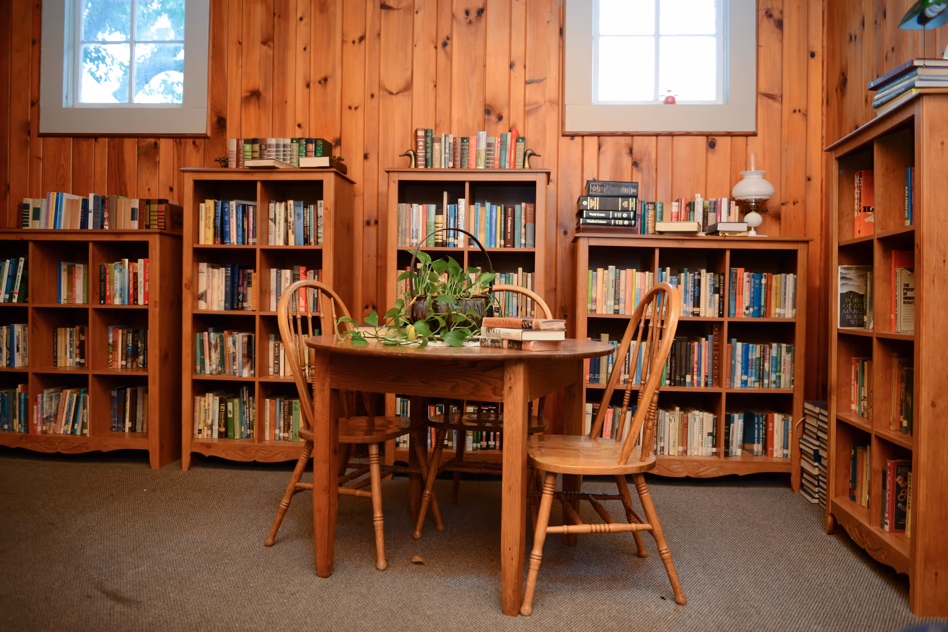 Cozy library room with wooden walls and carpeted floor, featuring multiple bookshelves filled with books. In the center, there is a wooden table with four wooden chairs around it and a green potted plant on top. Two windows with white frames allow natural light into the room.