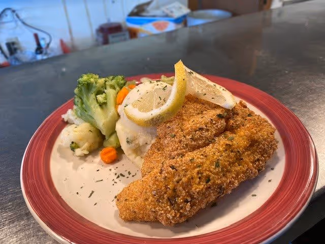 A plate of breaded fried fish fillets garnished with lemon wedges, served with steamed mixed vegetables including broccoli, cauliflower, and carrots, placed on a red-rimmed plate on a metal countertop.
