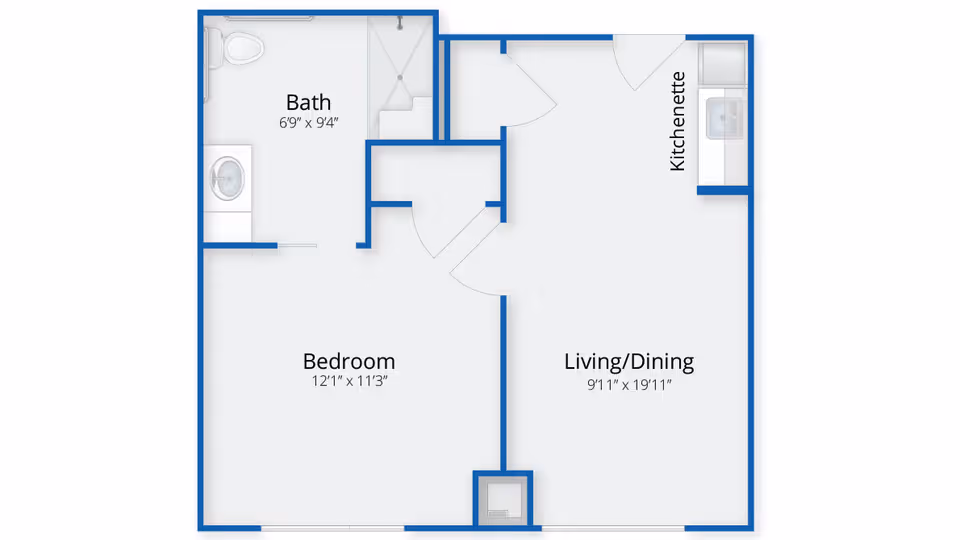 Floor plan of a senior living unit at Benchmark Senior Living at Woburn showing a bedroom, bath, living/dining area, and kitchenette with dimensions.