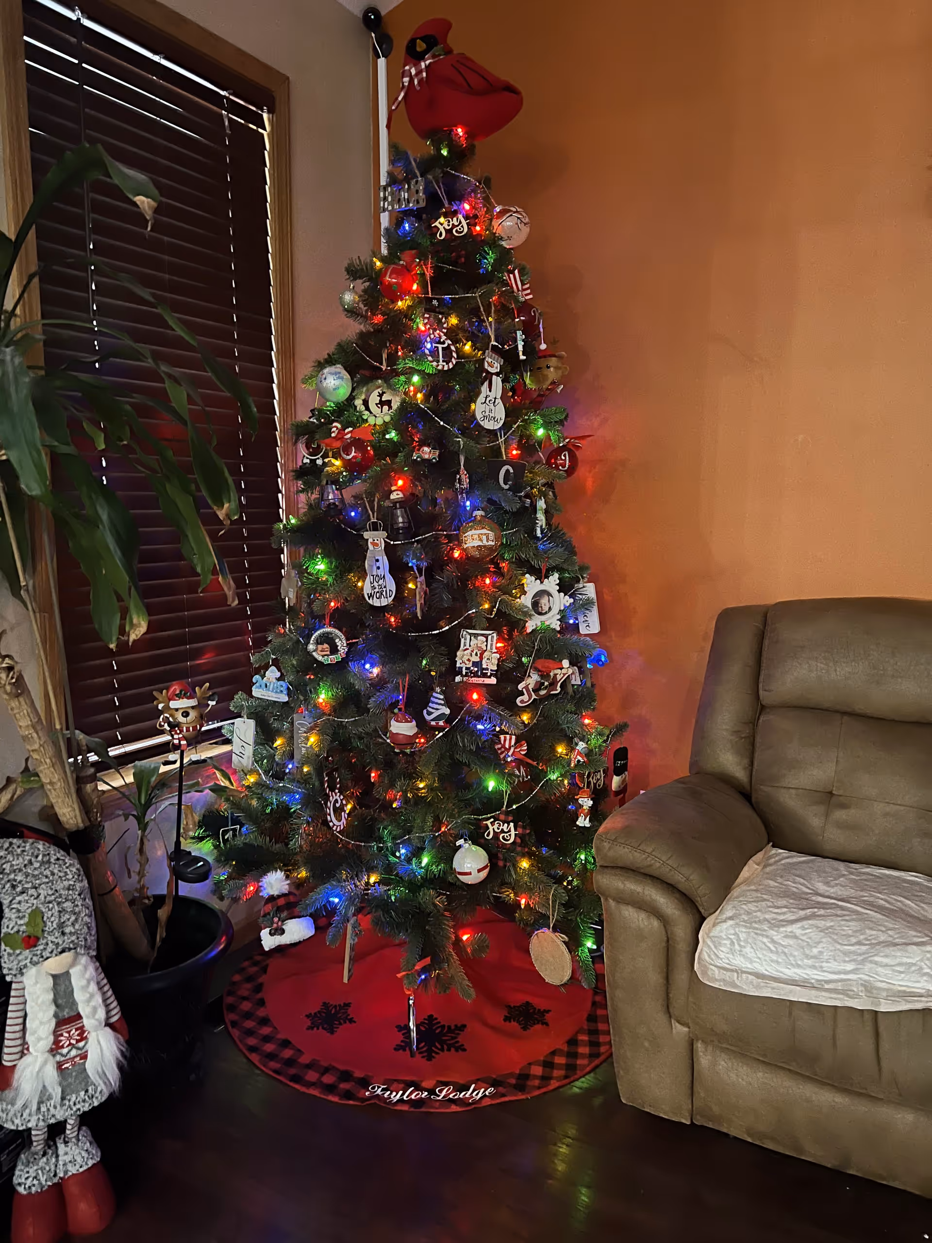 A decorated Christmas tree with colorful lights and various ornaments stands next to a brown recliner chair in a cozy room with orange walls and a window with closed blinds. A small potted plant and a festive gnome decoration are also visible near the tree. The tree skirt at the base of the tree has the words 'Taylor Lodge' embroidered on it.